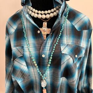 Upcycled Ely Cattleman Blue and Black Plaid Button-Down Shirt